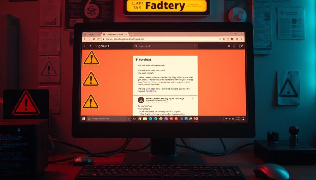 A comprehensive desktop computer setup with a web browser window prominently displaying a suspicious email or website, surrounded by cautionary icons and warning signs. The scene is illuminated by a warm, focused lighting, creating a sense of investigation and scrutiny. The monitor is positioned at a slight angle, inviting the viewer to examine the details more closely. The overall atmosphere conveys a sense of vigilance and the need to verify the authenticity of digital interactions.