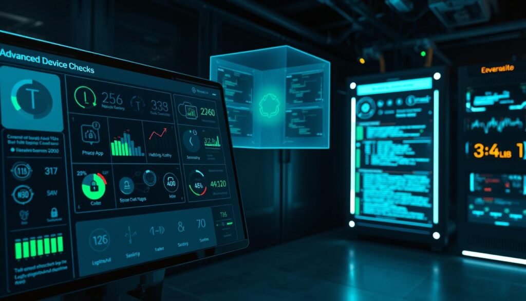 A comprehensive diagnostic interface displays advanced android device checks. In the foreground, a sleek, high-resolution touchscreen shows various security and privacy indicators - from battery usage and network activity to hidden app detection and system log analysis. Subtle blue and green hues create a calm, technical atmosphere, while minimalist UI elements and clean lines convey a sense of precision and control. In the middle ground, a holographic projection hovers, offering real-time system status and recommended actions. The background is dimly lit, with a softly glowing server rack and diagnostic equipment, hinting at the complex infrastructure powering these advanced android security capabilities.
