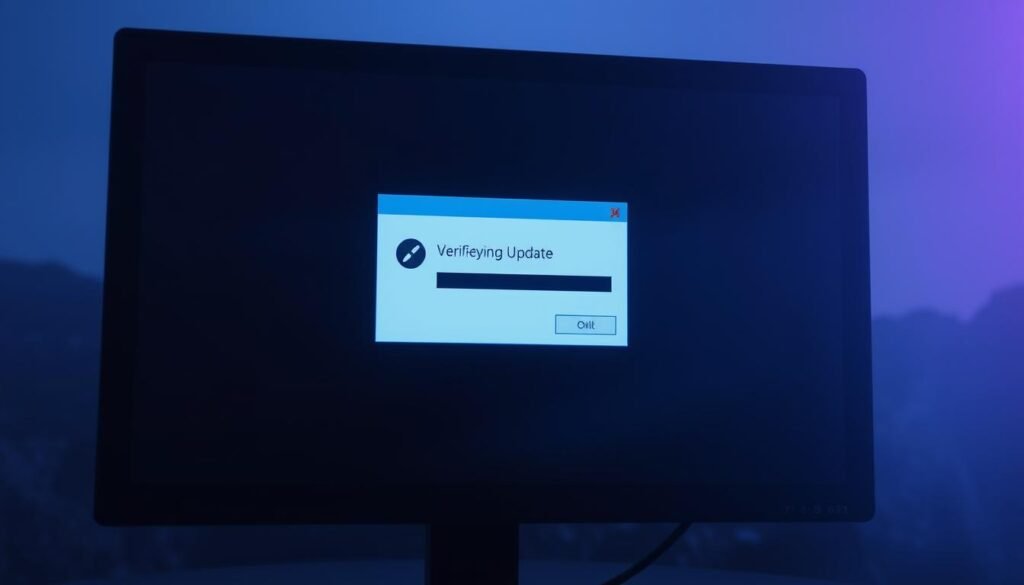 A computer screen displaying a "Verifying Update" dialogue window, bathed in a soft, hazy light. The window occupies the central focus, with a progress bar and a subtle animation suggesting the update is in progress. The background is a blurred, abstract landscape, hinting at the digital realm and the potential consequences of software updates. The overall atmosphere is one of cautious anticipation, with a sense of unease and the need for vigilance conveyed through the muted color palette and the subtle shadows cast across the screen.