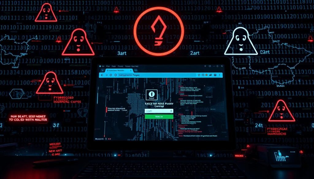 A computer screen displaying a network breach, with a hacked website interface surrounded by ominous glitches, digital artifacts, and security alert symbols. The foreground depicts a distorted website login page, while the background features a grid of binary code, firewall warning icons, and a looming sense of digital vulnerability. The lighting is harsh and dramatic, casting dramatic shadows and highlighting the severity of the breach. The overall atmosphere conveys a sense of alarm, urgency, and the need for immediate action to secure the compromised system.