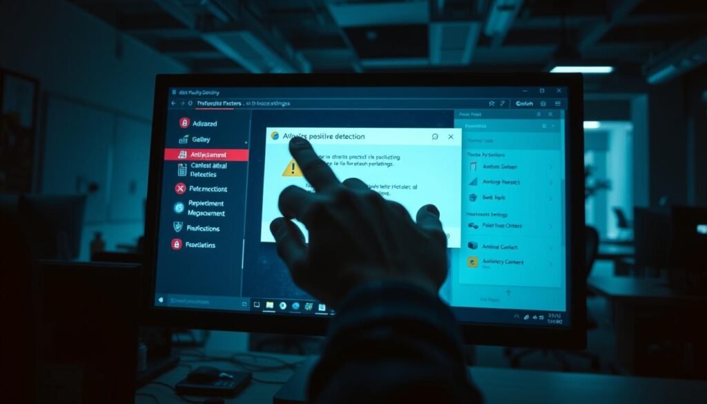 A computer screen displaying a security alert, with icons representing false positive detections. In the foreground, a user's hand hovers over the screen, hesitant to dismiss the warning. The middle ground features a stylized antivirus software interface, its menu options hinting at advanced protection settings. The background depicts a dimly lit office environment, suggesting the tension between security and usability. Soft, cool-toned lighting casts shadows across the scene, creating a sense of unease and the need for careful consideration. The overall mood evokes the frustration of dealing with overzealous security measures that impede daily tasks.