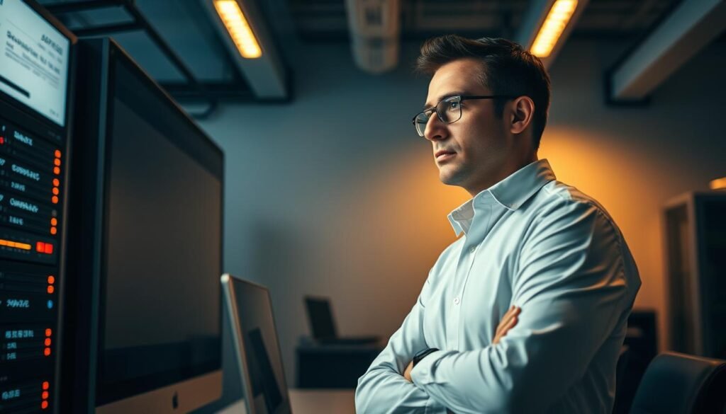 A confident, experienced information security manager stands in a modern, well-lit office, gazing contemplatively at a large display screen. Their crisp, professional attire and poised demeanor convey a sense of authority and expertise. The office environment is filled with subtle technical details, such as blinking status lights on server racks and a sleek, minimalist desk setup. Warm, directional lighting casts dynamic shadows, creating a focused, thoughtful atmosphere. The manager's expression reflects a deep understanding of the complex challenges and responsibilities inherent in their role, as they oversee the crucial task of safeguarding the organization's valuable information assets.
