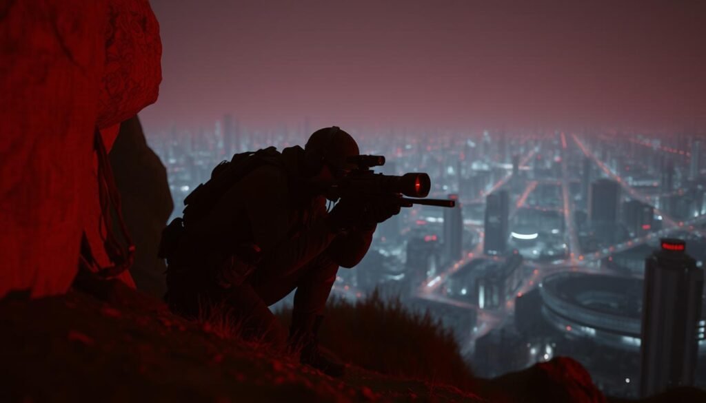 A covert operative crouches in the shadows, meticulously inspecting the terrain through advanced optics. The scene is bathed in a warm, red-tinged glow, casting an ominous atmosphere. In the background, a sprawling cityscape fills the horizon, its architecture and infrastructure the subject of intense scrutiny. The operative's movements are precise, their focus unwavering, as they gather crucial intelligence for a high-stakes red team reconnaissance mission. The air is thick with the weight of responsibility and the thrill of the hunt.