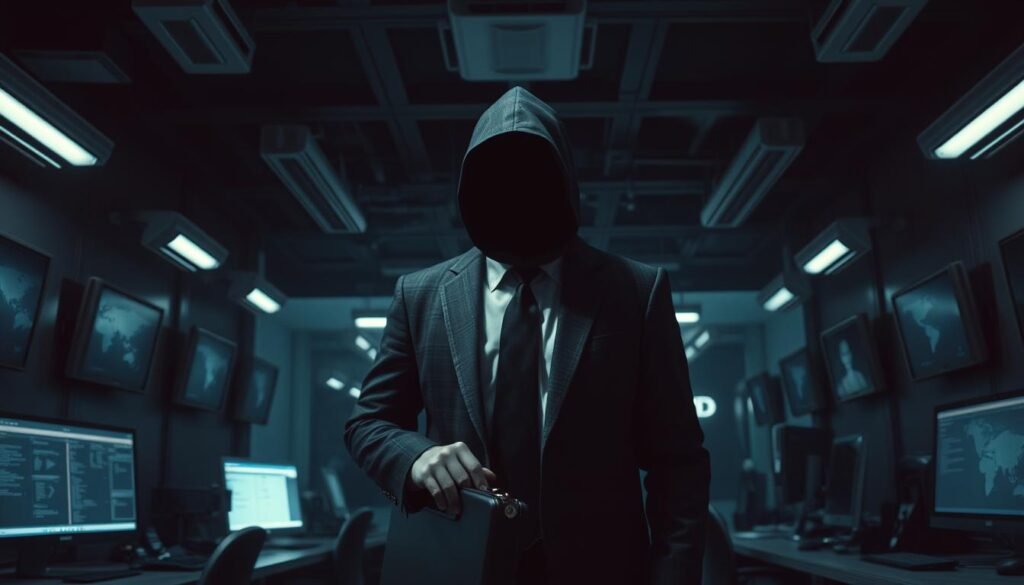 A covert operative in a black suit and tie, holding a briefcase, stands in a dimly lit office. The room is filled with computer monitors and surveillance equipment, casting an eerie glow. The operative's face is partially obscured, hinting at the deception and manipulation at the heart of social engineering. The scene conveys a sense of tension and unease, with the operative's actions concealed from view, reflecting the stealthy and deceptive nature of this tactic used to bypass physical security controls.