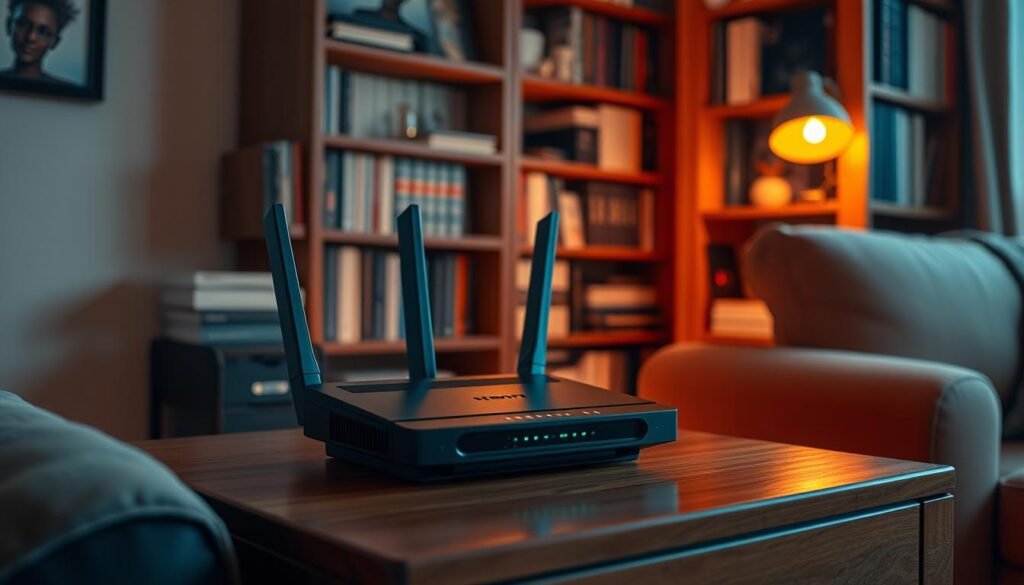 A cozy home interior with a secure Wi-Fi router prominently displayed on a wooden side table. Soft, warm lighting illuminates the scene, creating a sense of comfort and privacy. The router is sleek and modern, its status lights subtly blinking, signaling a strong, encrypted connection. In the background, a bookshelf filled with volumes and personal mementos adds depth and character to the space. The overall atmosphere conveys a feeling of a well-protected, tech-savvy, and inviting home environment. A cozy home interior with a secure Wi-Fi router prominently displayed on a wooden side table. Soft, warm lighting illuminates the scene, creating a sense of comfort and privacy. The router is sleek and modern, its status lights subtly blinking, signaling a strong, encrypted connection. In the background, a bookshelf filled with volumes and personal mementos adds depth and character to the space. The overall atmosphere conveys a feeling of a well-protected, tech-savvy, and inviting home environment.