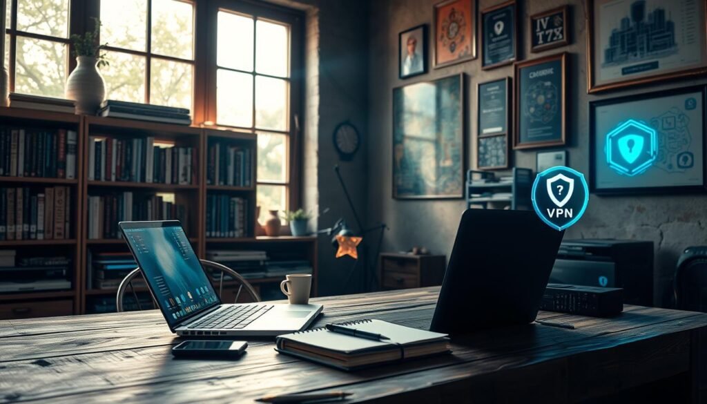 A cozy home office setup with a laptop, phone, and notebook on a rustic wooden desk. Diffused natural light streams in through large windows, casting a warm glow. In the background, a bookshelf filled with cybersecurity and IT tomes. On the walls, framed network diagrams and security protocols. The atmosphere is one of thoughtful focus, with subtle undertones of vigilance and preparedness. A secure VPN connection indicator glows softly in the corner. The scene conveys the concept of remote work security, where digital safeguards and physical environment combine to enable a productive and protected workflow. A cozy home office setup with a laptop, phone, and notebook on a rustic wooden desk. Diffused natural light streams in through large windows, casting a warm glow. In the background, a bookshelf filled with cybersecurity and IT tomes. On the walls, framed network diagrams and security protocols. The atmosphere is one of thoughtful focus, with subtle undertones of vigilance and preparedness. A secure VPN connection indicator glows softly in the corner. The scene conveys the concept of remote work security, where digital safeguards and physical environment combine to enable a productive and protected workflow.
