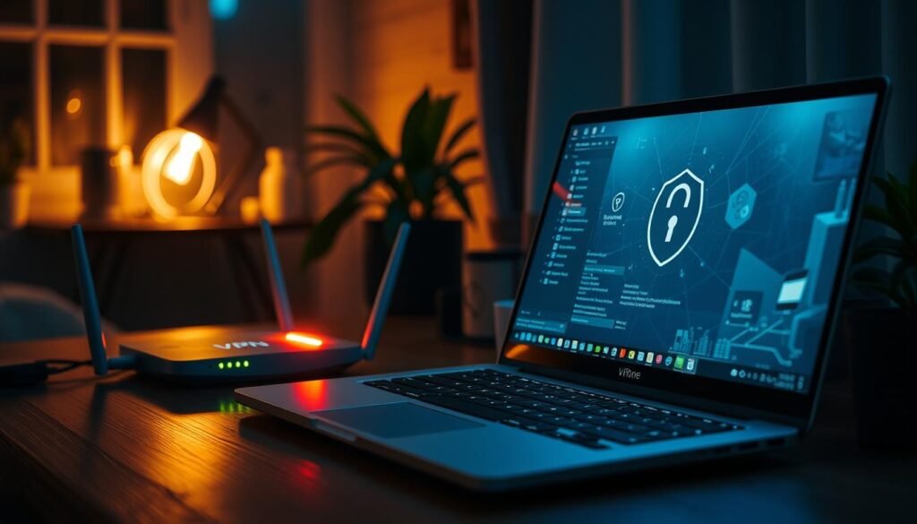 A cozy home office setup with a laptop, wireless router, and a glowing VPN indicator. The laptop screen displays a secure connection, while the router emanates a soft, warm light, symbolizing the privacy and protection of the VPN network. The room is illuminated by a mix of natural and artificial lighting, creating a serene, focused atmosphere. The overall scene conveys a sense of digital security and personal control over one's online presence.