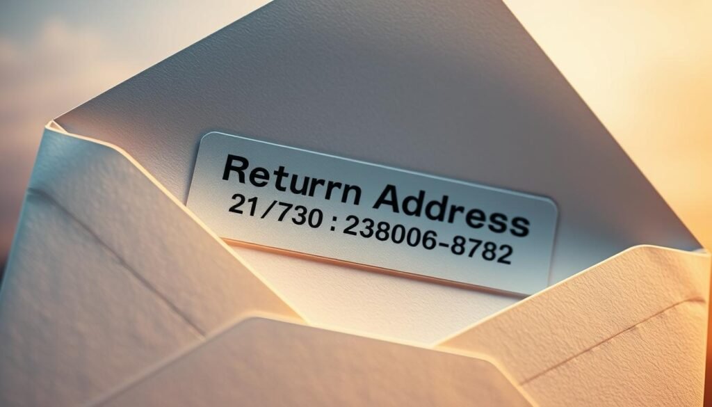 A crisp, white envelope with the return address label prominently displayed, conveying an air of official formality. The envelope is slightly tilted, casting a soft shadow that adds depth and dimension. The lighting is warm and natural, highlighting the textured surface of the paper. The camera angle is slightly elevated, lending a sense of authority and importance to the subject. The background is slightly blurred, keeping the focus squarely on the return address label, which appears clear and legible, reflecting the deceptive nature of phishing emails. A crisp, white envelope with the return address label prominently displayed, conveying an air of official formality. The envelope is slightly tilted, casting a soft shadow that adds depth and dimension. The lighting is warm and natural, highlighting the textured surface of the paper. The camera angle is slightly elevated, lending a sense of authority and importance to the subject. The background is slightly blurred, keeping the focus squarely on the return address label, which appears clear and legible, reflecting the deceptive nature of phishing emails.