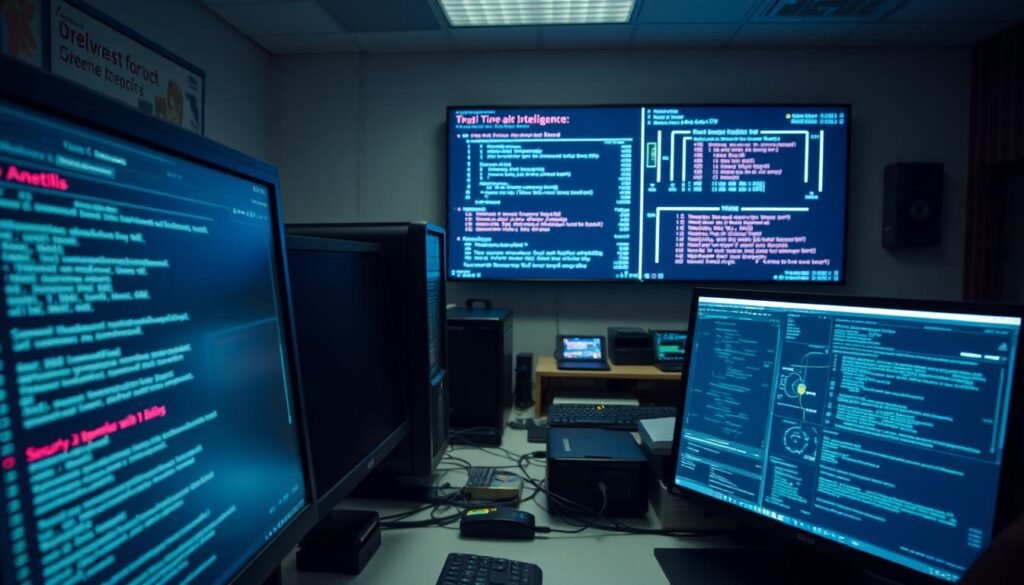 A cybersecurity laboratory setting, illuminated by the soft glow of multiple computer screens. In the foreground, a close-up view of a technical analysis interface, with lines of code, network diagrams, and security alerts displayed in a clean, minimalist design. In the middle ground, a desk with various tools and hardware components, including a powerful desktop workstation, a network analyzer, and a specialized malware analysis platform. The background features a wall-mounted display showcasing real-time threat intelligence, creating an atmosphere of focused investigation and proactive defense. The lighting is subdued, creating a sense of concentration and intensity as the cybersecurity professional navigates the complexities of malware analysis.