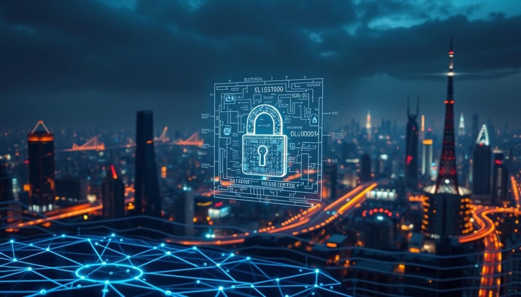 A cybersecurity landscape, illuminated by a soft, ambient glow. In the foreground, a network diagram with interconnected nodes and data streams, hinting at the complexity of modern digital systems. The middle ground features a 3D representation of a security protocol, its intricate algorithms and encryption mechanisms displayed in holographic detail. In the background, a cityscape of skyscrapers and communication towers, symbolizing the vast, interconnected world that cybersecurity professionals must protect. The overall atmosphere is one of technological sophistication, with a sense of vigilance and the need to stay ahead of evolving threats.