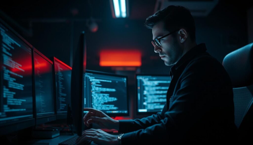 A cybersecurity professional in a dark office, illuminated by the glow of multiple computer monitors. They are reviewing an email interface, analyzing suspicious activity with a focused expression. The scene conveys a sense of urgency and the need for immediate action to address a potential phishing incident. The lighting is dramatic, with shadows and highlights creating depth and tension. The camera angle is slightly low, emphasizing the gravity of the situation. The overall mood is one of vigilance and determination to mitigate the security breach. A cybersecurity professional in a dark office, illuminated by the glow of multiple computer monitors. They are reviewing an email interface, analyzing suspicious activity with a focused expression. The scene conveys a sense of urgency and the need for immediate action to address a potential phishing incident. The lighting is dramatic, with shadows and highlights creating depth and tension. The camera angle is slightly low, emphasizing the gravity of the situation. The overall mood is one of vigilance and determination to mitigate the security breach.
