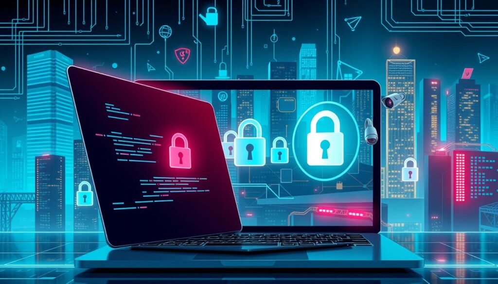 A cybersecurity-themed digital illustration showcasing various website security measures. In the foreground, a laptop screen displays a secure lock icon, symbolizing encrypted web traffic. In the middle ground, a cluster of padlocks, firewalls, and security cameras convey a sense of multilayered protection. The background features a cityscape of skyscrapers, conveying the idea of a robust, enterprise-level web infrastructure. The lighting is a mix of cool blues and greens, creating a sleek, high-tech atmosphere. The overall composition is balanced and symmetrical, reflecting the orderly nature of a well-secured website.