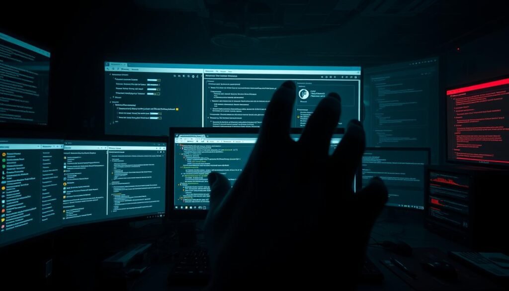 A dark and cluttered desktop environment, with multiple open windows and applications representing the administrative access and control. The foreground depicts a looming, ominous hand reaching towards the screen, symbolizing the potential dangers of overextended privileges. The middle ground shows various system settings, security warnings, and error messages, hinting at the complexity and risks associated with admin-level access. The background fades into a shadowy, foreboding atmosphere, conveying a sense of unease and the need for caution. Dramatic lighting creates dramatic shadows and highlights, emphasizing the gravity of the situation. An ultra-wide, cinematic angle captures the overwhelming nature of the administrator's domain.