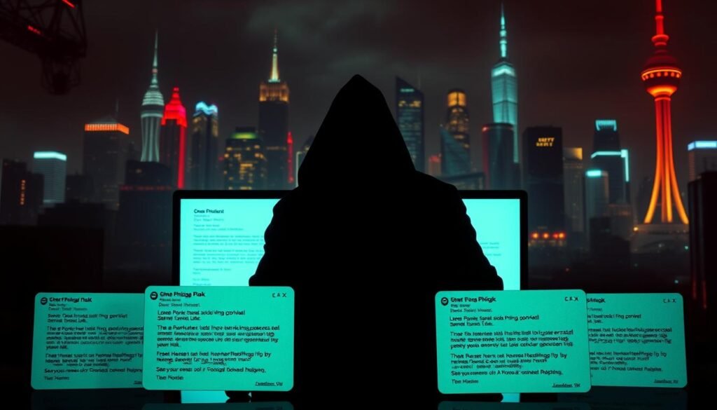 A dark and foreboding scene of phishing emails, conveying the sinister nature of AI-powered hacking tools. In the foreground, a series of ominous-looking emails with suspicious attachments and links, their subject lines hinting at a sense of urgency or authority. The middle ground features a shadowy figure, silhouetted against a glowing computer screen, their hands deftly manipulating the contents of the emails. In the background, a looming, neon-tinged cityscape, its skyscrapers and towers symbolizing the scale and reach of modern cybercrime. The lighting is harsh, with deep shadows and stark contrasts, creating a sense of unease and tension. The overall mood is one of foreboding and unease, reflecting the growing threat of AI-powered hacking tools in the digital age.