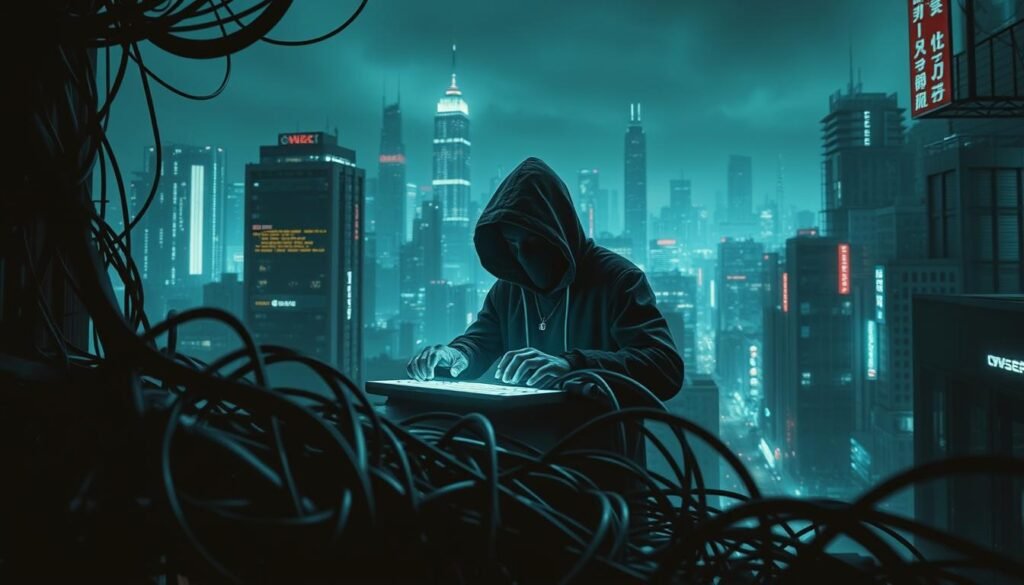 A dark and moody cyberpunk-inspired scene depicting the importance of web application security. In the foreground, a tangle of tangled wires and circuit boards symbolize the complex vulnerabilities lurking within web applications. The middle ground features a lone hacker, their face obscured by a hooded cloak, fingers flying across a holographic keyboard as they attempt to breach a secure web server. In the background, a sprawling cityscape of towering skyscrapers and neon-lit alleyways, hinting at the vast interconnected world of the internet and the high stakes of web application security. Dramatic chiaroscuro lighting casts deep shadows, heightening the sense of danger and urgency. The overall atmosphere conveys the critical need for developers and website owners to prioritize OWASP Top 10 principles to protect their web applications from malicious actors.
