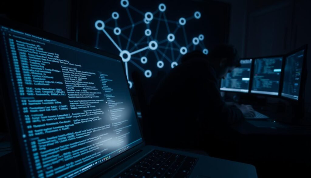 A dark and moody cybersecurity scene. In the foreground, a laptop screen displays a web browser with trace access logs, the lines of code scrolling rapidly. The middle ground features a network diagram with interconnected nodes and data flows, hinting at the complexity of the website's infrastructure. In the background, a shadowy figure hunches over a desk, methodically analyzing the logs, their face obscured by the glow of multiple monitors. Dramatic lighting casts dramatic shadows, creating a sense of tension and urgency. The scene is rendered with a gritty, high-contrast aesthetic, evoking the intensity of the situation.
