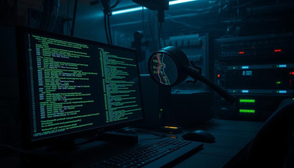 A dark and moody workspace filled with the tools of static analysis. In the foreground, a sleek computer monitor displays a complex maze of assembly code and hexadecimal data. Perched atop the desk, a high-powered magnifying glass casts a keen eye over the intricacies of the software under examination. The background is shrouded in shadows, save for the dim glow of status lights on an array of network switches and security appliances. The atmosphere is one of focused intensity, as the cybersecurity professional delves deep into the heart of the malware, extracting its secrets without a single line of execution.
