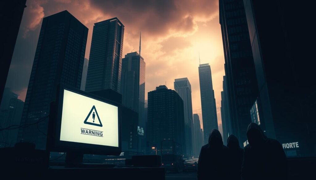 A dark and ominous cityscape, with towering skyscrapers casting long shadows across the streets below. In the foreground, a lone computer monitor displays a warning symbol, its screen flickering ominously. Lurking in the shadows, sinister figures in hooded cloaks seem to be watching, their intentions unclear. The atmosphere is tense and foreboding, hinting at the hidden dangers that may lie within the seemingly harmless free downloads that lure unsuspecting users. Dramatic lighting and a high-contrast color palette create a sense of unease and danger, emphasizing the risks associated with careless digital habits. A dark and ominous cityscape, with towering skyscrapers casting long shadows across the streets below. In the foreground, a lone computer monitor displays a warning symbol, its screen flickering ominously. Lurking in the shadows, sinister figures in hooded cloaks seem to be watching, their intentions unclear. The atmosphere is tense and foreboding, hinting at the hidden dangers that may lie within the seemingly harmless free downloads that lure unsuspecting users. Dramatic lighting and a high-contrast color palette create a sense of unease and danger, emphasizing the risks associated with careless digital habits.