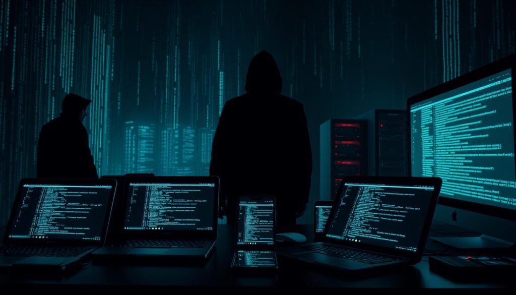 A dark and ominous digital landscape, with glowing data streams and shadowy figures lurking in the background. In the foreground, a collection of devices - laptops, smartphones, servers - each representing a potential attack vector, their screens flickering with ominous code. The scene is bathed in an eerie blue-green glow, as if illuminated by the glow of a computer monitor. The overall atmosphere is one of tension and unease, conveying the sense of a carefully orchestrated data breach operation. The composition is clean and minimalist, allowing the individual elements to stand out and command attention.