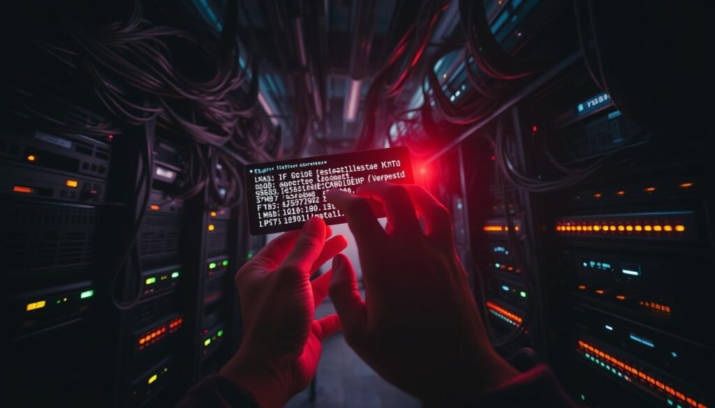 A dark and ominous network infrastructure, with cables and sockets ominously glowing in the shadows. In the foreground, a pair of hands manipulating a UDP packet, the code within it pulsing with malicious intent. The background is a labyrinth of servers and routers, their lights flickering ominously, hinting at the vulnerabilities that lie within. The atmosphere is tense and foreboding, a sense of impending disaster permeating the scene. The image is shot with a moody, high-contrast lighting, creating a sense of tension and unease. The camera angle is low, giving the viewer a sense of vulnerability and powerlessness in the face of this technical threat.