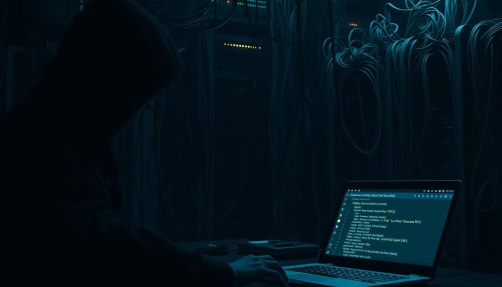 A dark and ominous scene depicting the dangers of SSL stripping. In the foreground, a shadowy figure manipulates network traffic, intercepting and decrypting secure HTTPS connections. The middle ground shows a laptop screen displaying SSL protocol data, highlighting the vulnerability. In the background, a maze of tangled cables and server racks symbolizes the complex infrastructure that can be compromised. Dim lighting casts an eerie glow, creating a sense of unease and the gravity of the situation. The overall composition conveys the gravity of SSL stripping, a subtle yet powerful threat to online security. A dark and ominous scene depicting the dangers of SSL stripping. In the foreground, a shadowy figure manipulates network traffic, intercepting and decrypting secure HTTPS connections. The middle ground shows a laptop screen displaying SSL protocol data, highlighting the vulnerability. In the background, a maze of tangled cables and server racks symbolizes the complex infrastructure that can be compromised. Dim lighting casts an eerie glow, creating a sense of unease and the gravity of the situation. The overall composition conveys the gravity of SSL stripping, a subtle yet powerful threat to online security.