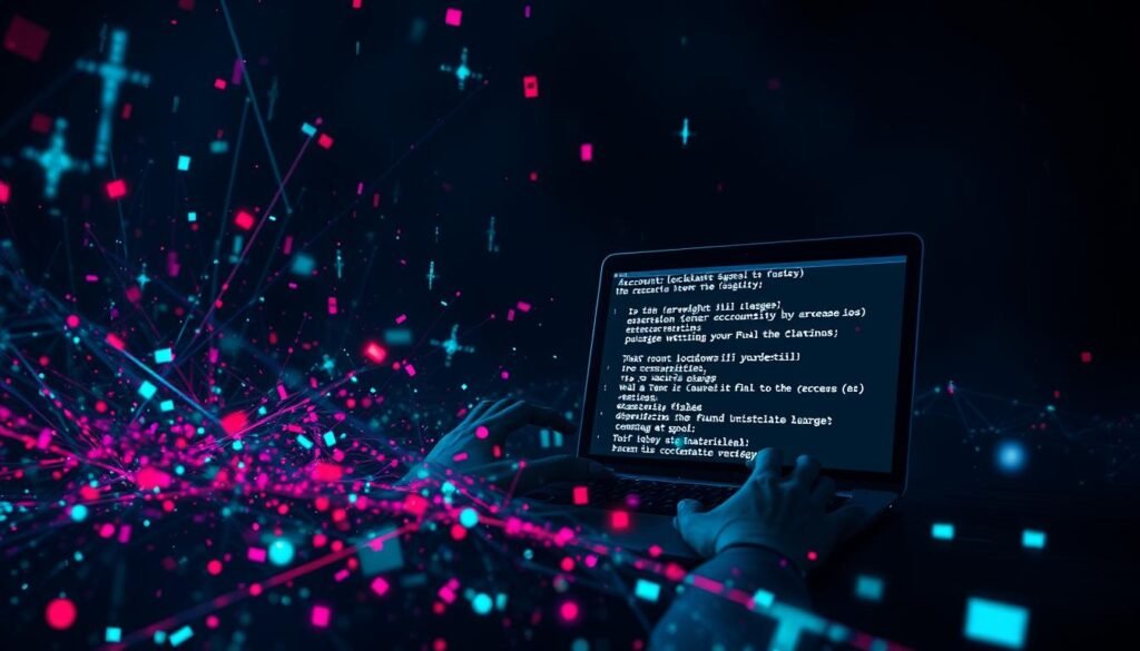 A dark, chaotic data breach scene. In the foreground, a tangled web of neon-colored data streams and glitching digital artifacts cascades across the screen, symbolizing the immediate aftermath of a security breach. In the middle ground, a laptop displays a frantic series of account lockdown and fund freezing commands, the owner's hands racing to stem the tide of damage. The background is cloaked in an ominous, shadowy atmosphere, conveying the sense of urgency and uncertainty in the wake of the attack. Dramatic high-contrast lighting emphasizes the drama, while a gritty, cyberpunk aesthetic underscores the technical nature of the event.