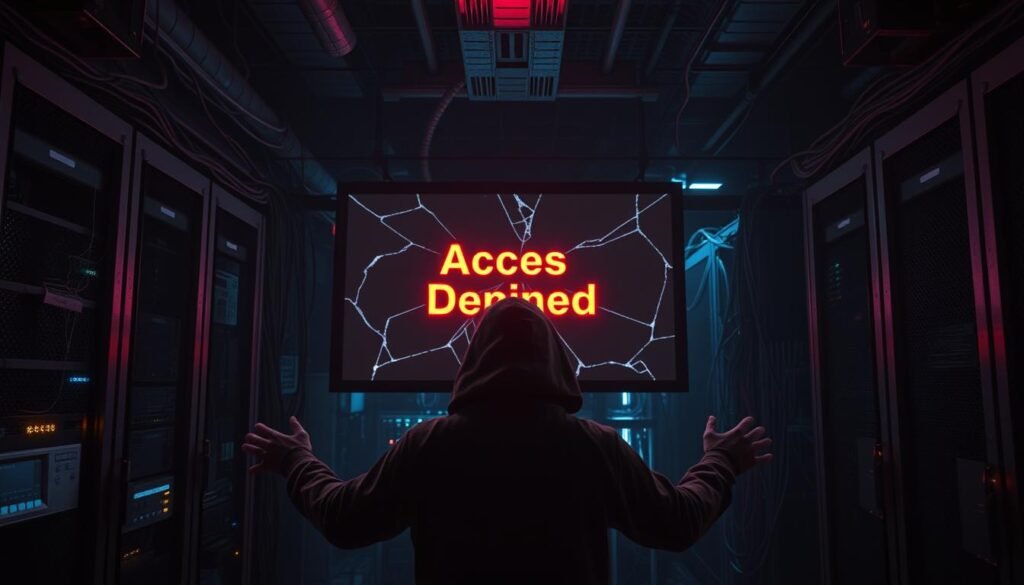 A dark, cluttered server room with a large, glowing red "Access Denied" message projected onto a cracked computer screen. In the foreground, a shadowy figure in a hoodie reaches towards the screen, their hands outstretched. The room is dimly lit, with flickering lights and a sense of unease. The background is filled with a tangle of cables, blinking lights, and outdated hardware, hinting at a neglected and vulnerable system. The overall atmosphere conveys a sense of broken security, with the "Access Denied" message symbolizing the consequences of poor access control and authentication measures.