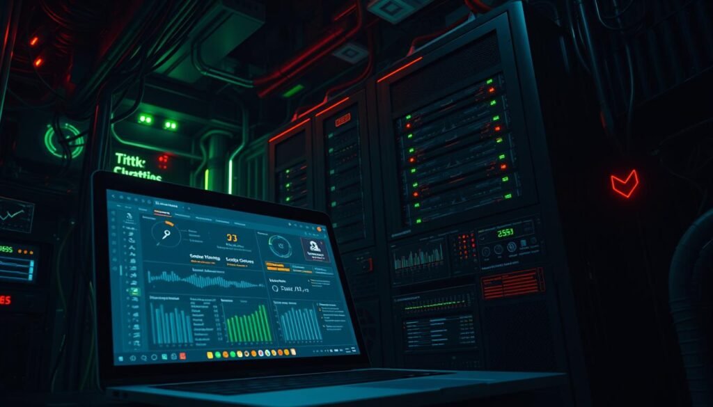 A dark, cluttered server room with glowing green and red status lights, blinking cables, and a large, intimidating mainframe computer. In the foreground, a laptop screen displays a security dashboard with complex graphs, charts, and warning notifications. The atmosphere is tense and foreboding, conveying the urgency and high-stakes nature of website security. The lighting is harsh, casting dramatic shadows and creating a sense of unease. The camera angle is slightly low, making the technology appear imposing and powerful. Overall, the image should evoke a sense of the risks and consequences of a hacked WordPress site, and the need for a comprehensive action plan to protect and restore it. A dark, cluttered server room with glowing green and red status lights, blinking cables, and a large, intimidating mainframe computer. In the foreground, a laptop screen displays a security dashboard with complex graphs, charts, and warning notifications. The atmosphere is tense and foreboding, conveying the urgency and high-stakes nature of website security. The lighting is harsh, casting dramatic shadows and creating a sense of unease. The camera angle is slightly low, making the technology appear imposing and powerful. Overall, the image should evoke a sense of the risks and consequences of a hacked WordPress site, and the need for a comprehensive action plan to protect and restore it.