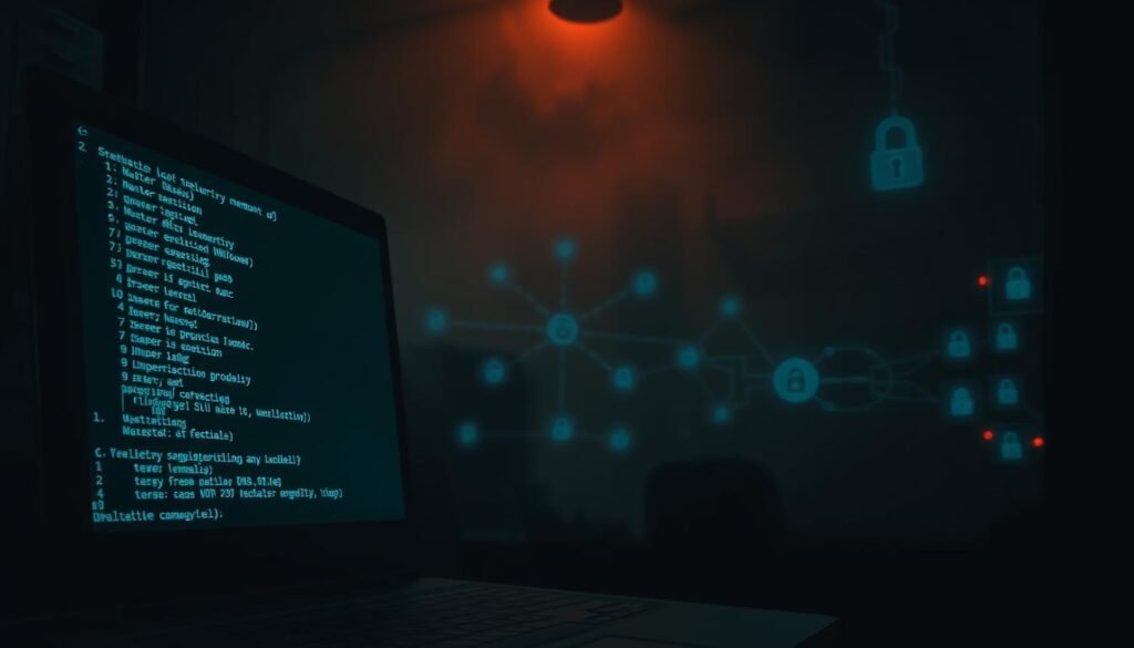 A dark, dimly-lit Windows desktop with a glowing terminal window in the foreground, displaying lines of telemetry data and memory credentials. In the middle ground, a network diagram with interconnected nodes, cables, and security icons. The background is hazy, with an ominous, shadowy atmosphere, suggesting the gravity of the security vulnerability uncovered. The lighting is dramatic, casting dramatic shadows and highlights, creating a sense of tension and urgency. The overall scene conveys the technical depth and high-stakes nature of the investigation described in the article's section.