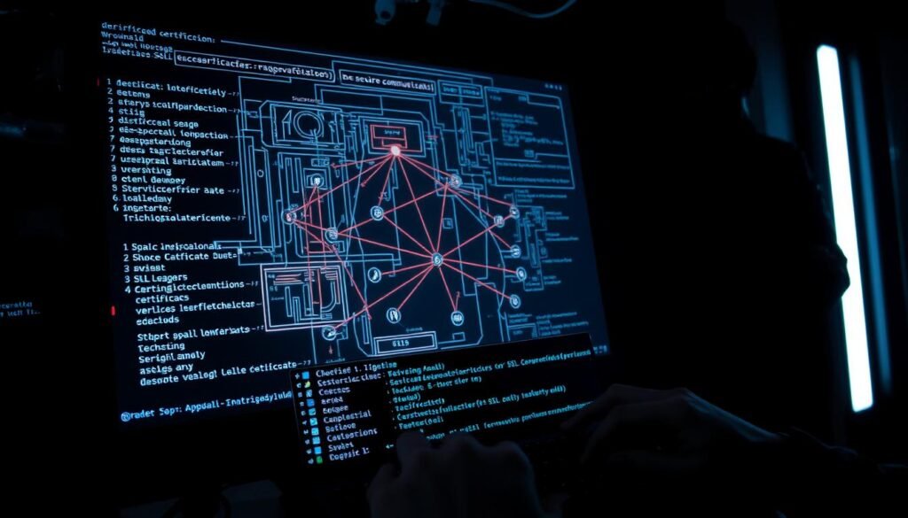 A dark, dimly-lit computer screen displays a complex web of data flows, with SSL certificates being stripped away in a series of intricate steps. In the foreground, a hacker's hands skillfully manipulate a command-line interface, typing cryptic commands that reveal the vulnerabilities in the secure communication protocol. The middle ground features a network diagram, with arrows and nodes illustrating the attack's mechanics. In the background, a shadowy figure watches over the proceedings, symbolizing the potential threats that defenders must be aware of. The overall atmosphere is one of technical complexity, cybersecurity risk, and the need for deeper understanding of the tools and techniques behind SSL stripping attacks. A dark, dimly-lit computer screen displays a complex web of data flows, with SSL certificates being stripped away in a series of intricate steps. In the foreground, a hacker's hands skillfully manipulate a command-line interface, typing cryptic commands that reveal the vulnerabilities in the secure communication protocol. The middle ground features a network diagram, with arrows and nodes illustrating the attack's mechanics. In the background, a shadowy figure watches over the proceedings, symbolizing the potential threats that defenders must be aware of. The overall atmosphere is one of technical complexity, cybersecurity risk, and the need for deeper understanding of the tools and techniques behind SSL stripping attacks.