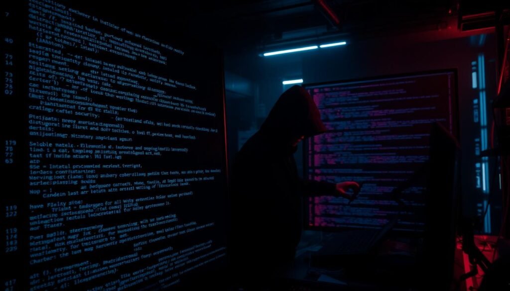 A dark, dimly lit cybersecurity laboratory. In the foreground, a computer screen displays intricate lines of code, representing the complex evasion techniques of fileless malware. In the middle ground, a shadowy figure, a hacker, manipulates the system, navigating through layers of security with ease. The background is obscured, hinting at the elusive and stealthy nature of this threat. The lighting is dramatic, casting long shadows and creating a sense of mystery and tension. The camera angle is slightly tilted, giving a sense of unease and the feeling that the viewer is being drawn into the scene. The overall atmosphere is one of technological sophistication and the unseen dangers of the digital realm.
