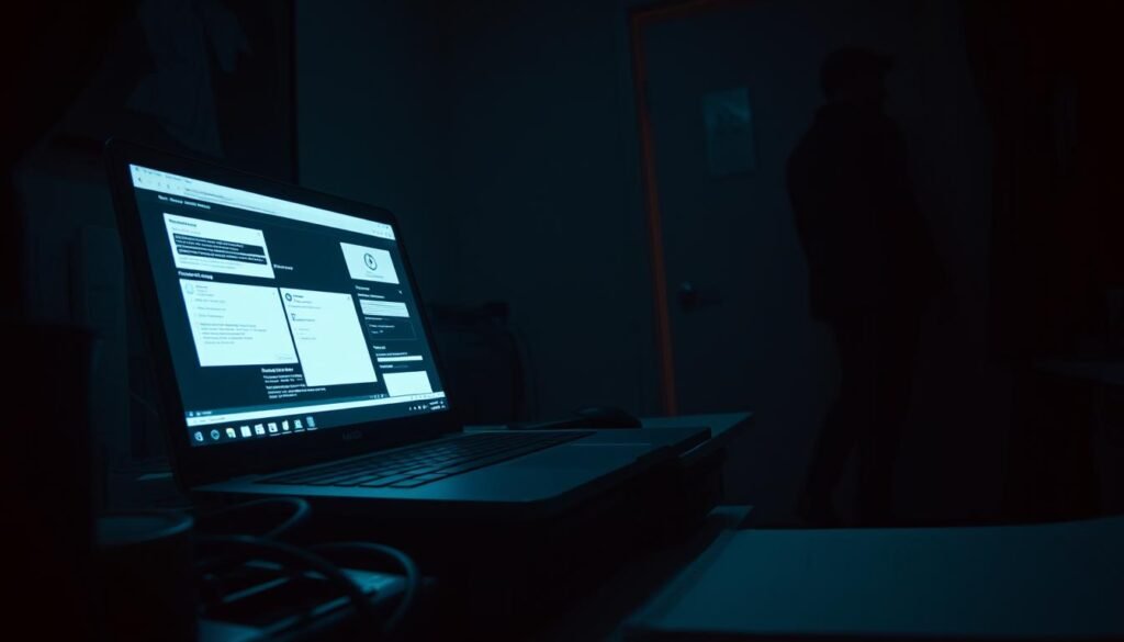 A dark, dimly lit home office scene. A laptop sits open on a cluttered desk, its screen displaying a series of suspicious-looking windows and pop-ups. The lighting is harsh, casting deep shadows that obscure the details of the room. A shadowy figure lurks in the background, their presence suggested by the tense atmosphere. The camera angle is slightly tilted, adding a sense of unease and uncertainty. The overall mood is one of unease and potential threat, reflecting the "suspicious activity" at the heart of the scene.
