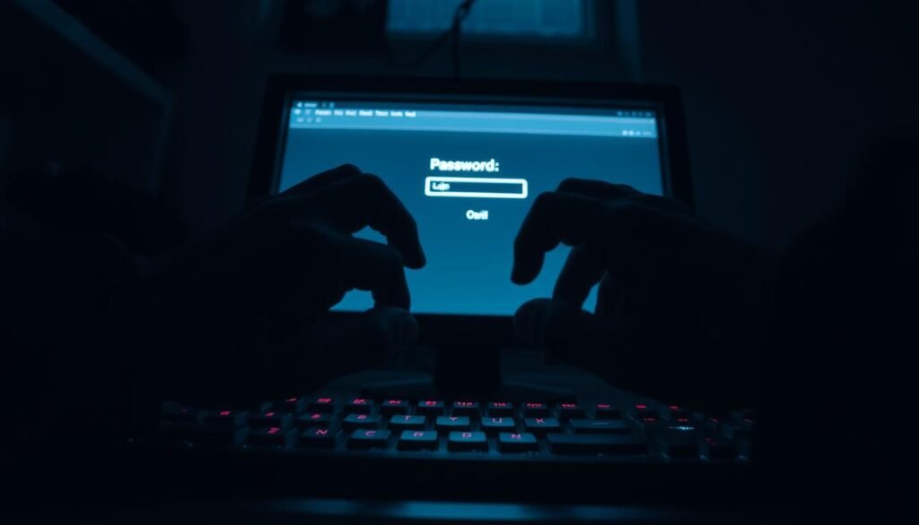 A dark, dimly lit room with a computer screen casting an eerie glow. In the foreground, a shadowy figure's hands hover over the keyboard, their fingers skillfully manipulating the keys. The screen displays a login prompt, the cursor blinking, as if waiting to capture the user's password. The atmosphere is tense, the lighting dramatic, creating a sense of unease and danger. The camera angle is low, emphasizing the hacker's control and power over the situation. The background is blurred, keeping the focus on the hacker's hands and the screen, conveying the sense of a targeted, specific attack.