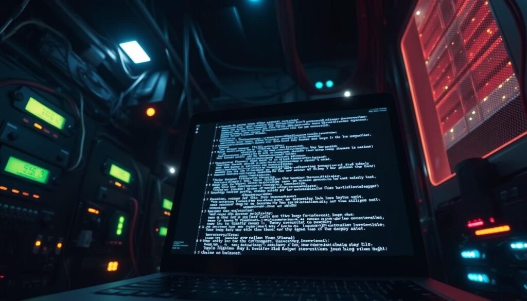 A dark, dimly-lit server room with a tangle of cables and blinking LED lights. In the foreground, a laptop screen displays a complex array of code, lines of text scrolling rapidly. The code appears to be a sophisticated hacking tool, a "digital bomb" designed to infiltrate and disrupt critical systems. The atmosphere is tense, the air thick with the sense of impending danger. The camera angle is slightly overhead, creating a sense of unease and vulnerability. Dramatic shadows and highlights accentuate the technical details, evoking the high-stakes nature of the "attack code" at the heart of this digital intrusion. A dark, dimly-lit server room with a tangle of cables and blinking LED lights. In the foreground, a laptop screen displays a complex array of code, lines of text scrolling rapidly. The code appears to be a sophisticated hacking tool, a "digital bomb" designed to infiltrate and disrupt critical systems. The atmosphere is tense, the air thick with the sense of impending danger. The camera angle is slightly overhead, creating a sense of unease and vulnerability. Dramatic shadows and highlights accentuate the technical details, evoking the high-stakes nature of the "attack code" at the heart of this digital intrusion.