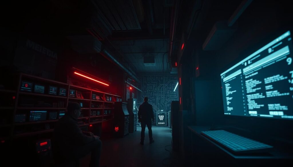 A dark, dimly lit underground marketplace, illuminated by the eerie glow of computer screens. In the foreground, rows of illicit goods and personal data are displayed on virtual shelves, guarded by shadowy figures. The middle ground reveals a maze of encrypted connections, with lines of code and cryptic symbols pulsing through the network. In the background, a looming sense of danger and the unknown, as the depths of the dark web remain shrouded in mystery. The scene is captured with a gritty, cinematic aesthetic, using a low-angle lens to convey the sense of descending into a sinister underworld.