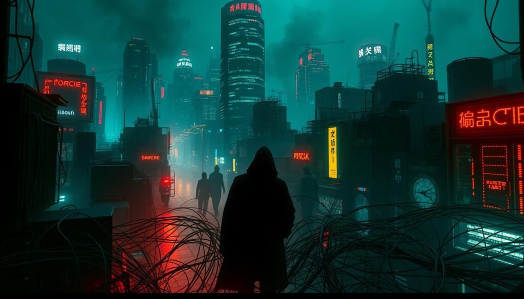 A dark, foreboding cityscape of towering skyscrapers and winding alleyways, shrouded in the eerie glow of neon lights. In the foreground, a tangled web of data cables and interconnected servers, pulsing with the unseen flow of information. Shadowy figures move through the background, conducting clandestine transactions and exchanges, their faces obscured by the digital haze. The atmosphere is one of unease and uncertainty, as the hidden machinations of the dark web's data economy cast an ominous shadow over the urban landscape.