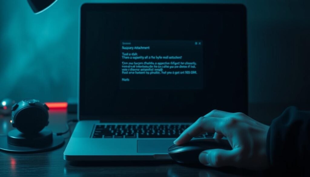 A dark, foreboding laptop screen displays a suspicious email message, its subject line hinting at a malicious attachment. The message hovers ominously, casting an ominous shadow across the desk. In the foreground, a hand reaches tentatively towards the mouse, poised to click open the attachment, unaware of the impending cyberthreat. The scene is lit by a haunting, bluish glow, creating an atmosphere of unease and impending danger. The composition emphasizes the step-by-step path from unsuspecting user to compromised system, the malicious attachment serving as the catalyst for a potential viral infection. A dark, foreboding laptop screen displays a suspicious email message, its subject line hinting at a malicious attachment. The message hovers ominously, casting an ominous shadow across the desk. In the foreground, a hand reaches tentatively towards the mouse, poised to click open the attachment, unaware of the impending cyberthreat. The scene is lit by a haunting, bluish glow, creating an atmosphere of unease and impending danger. The composition emphasizes the step-by-step path from unsuspecting user to compromised system, the malicious attachment serving as the catalyst for a potential viral infection.