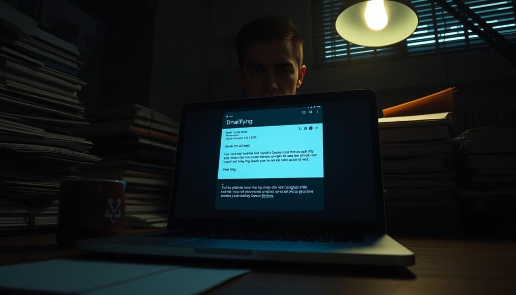 A dark, foreboding office scene with a laptop screen displaying an ominous phishing email. The email has a suspicious subject line and a malicious link, casting an eerie glow on the user's face. The background is cluttered with stacks of files, a half-empty coffee mug, and a sense of impending digital danger. The lighting is moody, with deep shadows and a sense of unease. The camera angle is slightly low, emphasizing the feeling of being trapped in a compromising situation. The overall atmosphere conveys the gravity of a "clicked phishing link" moment, highlighting the very real risks of falling victim to such attacks.