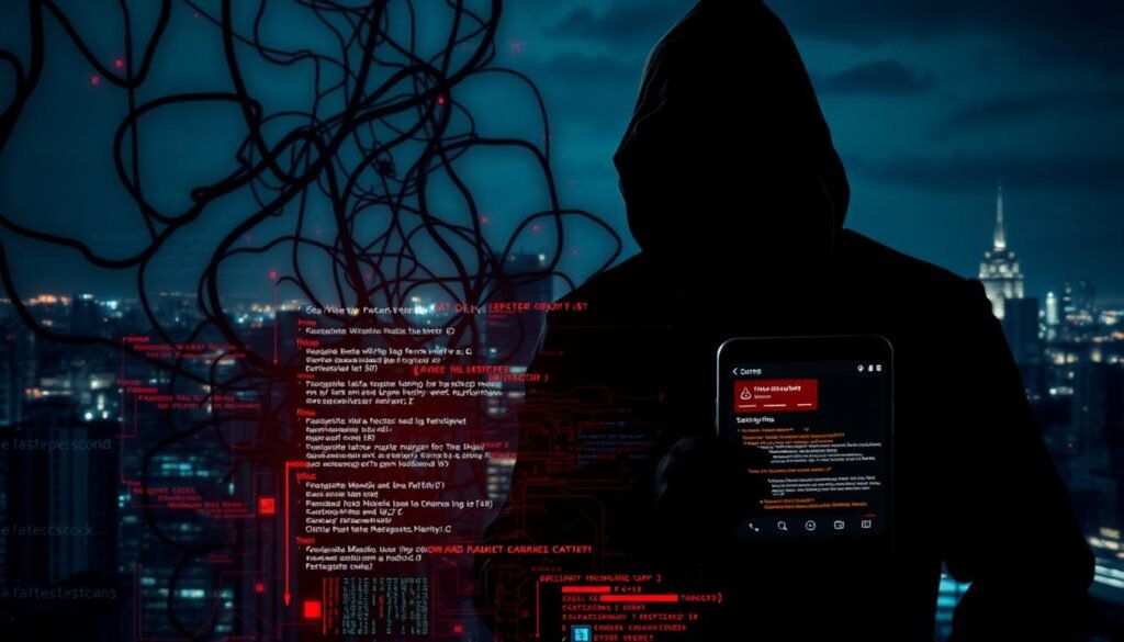 A dark, foreboding scene of Android security threats. In the foreground, an ominous silhouette of a hacker looms, casting an eerie shadow over a smartphone display showing a cascade of system warnings and error messages. The middle ground features a tangled web of malicious code, binary data, and glitching visual artifacts, hinting at the complex, multi-layered nature of Android attacks. In the distant background, a dimly lit cityscape serves as a backdrop, underscoring the ubiquity and pervasiveness of mobile security risks in the modern digital landscape. The overall atmosphere conveys a sense of vulnerability, danger, and the urgent need for robust Android security measures. A dark, foreboding scene of Android security threats. In the foreground, an ominous silhouette of a hacker looms, casting an eerie shadow over a smartphone display showing a cascade of system warnings and error messages. The middle ground features a tangled web of malicious code, binary data, and glitching visual artifacts, hinting at the complex, multi-layered nature of Android attacks. In the distant background, a dimly lit cityscape serves as a backdrop, underscoring the ubiquity and pervasiveness of mobile security risks in the modern digital landscape. The overall atmosphere conveys a sense of vulnerability, danger, and the urgent need for robust Android security measures.