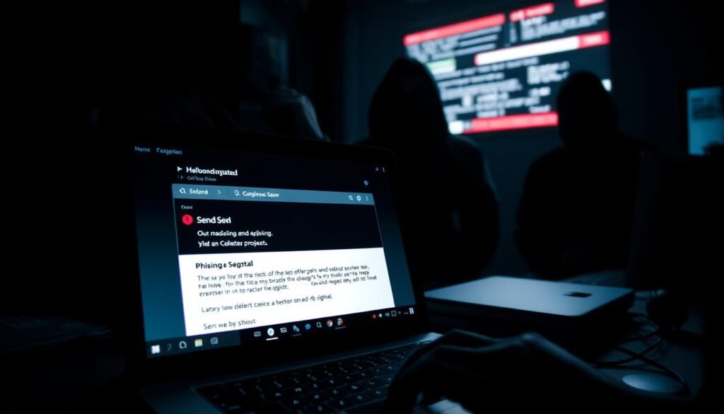 A dark, foreboding scene of a hacker's workspace. In the foreground, a computer screen displays a meticulously crafted phishing email, the cursor hovering over the "Send" button. Shadowy figures lurk in the background, their eyes glued to the screen, anticipating the moment the unsuspecting victim takes the bait. The room is dimly lit, casting an ominous glow that amplifies the sense of danger and deception. The angle is slightly tilted, adding to the sense of unease and the hacker's calculated precision. The overall atmosphere exudes a sense of vulnerability and the power of social engineering, without the need for malware.