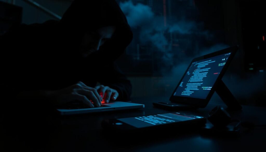 A dark, foreboding scene of data theft and device compromise. In the foreground, a shadowy figure hunched over a laptop, their fingers rapidly typing, the screen casting an eerie glow on their face. In the middle ground, a smartphone lies on a desk, its screen flickering ominously, suggesting a breach of security. The background is shrouded in a haze of digital distortion, with glitching code and fragmented data streams swirling ominously. The lighting is low and dramatic, with sharp contrasts and deep shadows, creating a sense of tension and unease. The overall atmosphere conveys the dangers of unsecured digital devices and the grave consequences of data theft. A dark, foreboding scene of data theft and device compromise. In the foreground, a shadowy figure hunched over a laptop, their fingers rapidly typing, the screen casting an eerie glow on their face. In the middle ground, a smartphone lies on a desk, its screen flickering ominously, suggesting a breach of security. The background is shrouded in a haze of digital distortion, with glitching code and fragmented data streams swirling ominously. The lighting is low and dramatic, with sharp contrasts and deep shadows, creating a sense of tension and unease. The overall atmosphere conveys the dangers of unsecured digital devices and the grave consequences of data theft.