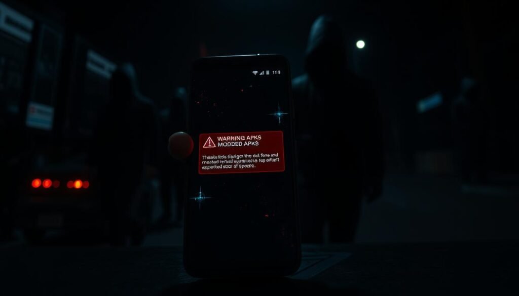 A dark, gritty scene depicting the risks of modded APKs. In the foreground, a smartphone screen displays a warning message about malware, with ominous symbols and glitching effects. Shadowy figures loom in the background, representing the hackers and cybercriminals who exploit modded apps. The lighting is harsh and dramatic, casting long shadows and creating a sense of unease. The atmosphere is one of danger and uncertainty, conveying the potential consequences of using untrusted, modified software. The image should evoke a sense of caution and raise awareness about the security risks associated with modded APKs. A dark, gritty scene depicting the risks of modded APKs. In the foreground, a smartphone screen displays a warning message about malware, with ominous symbols and glitching effects. Shadowy figures loom in the background, representing the hackers and cybercriminals who exploit modded apps. The lighting is harsh and dramatic, casting long shadows and creating a sense of unease. The atmosphere is one of danger and uncertainty, conveying the potential consequences of using untrusted, modified software. The image should evoke a sense of caution and raise awareness about the security risks associated with modded APKs.