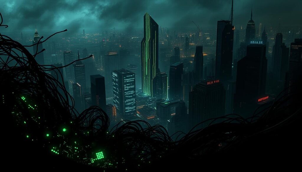 A dark, high-contrast digital landscape with ominous cyberpunk elements. In the foreground, a tangle of glowing circuit boards and corrupted code fragments swirls ominously, hinting at the unseen dangers of the cyber realm. The midground features a towering, abstracted data monolith, its surface pulsing with an eerie, unnatural light. In the background, a chaotic cityscape of skyscrapers and neon-lit towers stretches out, its architecture warped and distorted by the invasive threat of cyber attacks. Dramatic chiaroscuro lighting casts deep shadows, heightening the sense of foreboding. The overall mood is one of technological dystopia, where the once-familiar digital world has been corrupted and subverted by sinister cyber threats.