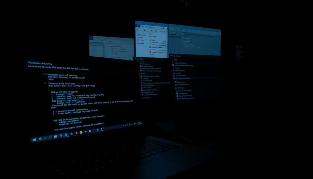 A dark, high-contrast scene depicting the hardening of a Windows operating system's local security. In the foreground, a desktop computer running Windows, its screen displaying a command prompt with security-related commands. The desktop is illuminated by the glow of the monitor, casting dramatic shadows. In the middle ground, various security tools and applications are open, such as the Windows Security app, Group Policy Editor, and a network monitoring tool. The background is shrouded in shadows, suggesting the seriousness and technical complexity of the task at hand. The overall atmosphere is one of focused determination, with the goal of strengthening the system's defenses against potential credential theft.