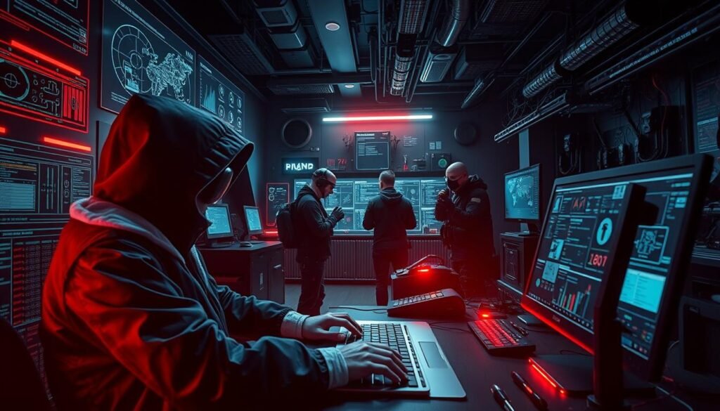 A dark, high-tech cybersecurity lab with a focus on red team tactics. In the foreground, a hacker in a hooded jacket and dark goggles manipulates a futuristic-looking computer terminal, their fingers flying across the keyboard. Holographic displays and screens show intricate network diagrams, code, and vulnerability assessments. In the middle ground, a team of specialized operatives in tactical gear coordinate their attack strategies, analyzing data and planning their next move. The background is filled with an array of advanced security tools, monitoring equipment, and cutting-edge technology, casting an ominous glow over the scene. The overall mood is tense, focused, and high-stakes, capturing the essence of red team methods used to stress-test and strengthen defenses.
