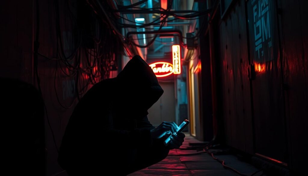 A dark, industrial alleyway illuminated by the glow of a smartphone screen. In the foreground, a shadowy figure crouches, tapping furiously on the device, their features obscured. Behind them, a tangle of cables and network infrastructure, casting an ominous atmosphere. In the distance, a flickering neon sign casts an eerie light, hinting at the underground nature of this illicit digital activity. The scene conveys a sense of secrecy, danger, and the hidden mechanisms that drive the spread of modded APKs, a hacker's preferred tool for exploiting mobile devices. A dark, industrial alleyway illuminated by the glow of a smartphone screen. In the foreground, a shadowy figure crouches, tapping furiously on the device, their features obscured. Behind them, a tangle of cables and network infrastructure, casting an ominous atmosphere. In the distance, a flickering neon sign casts an eerie light, hinting at the underground nature of this illicit digital activity. The scene conveys a sense of secrecy, danger, and the hidden mechanisms that drive the spread of modded APKs, a hacker's preferred tool for exploiting mobile devices.