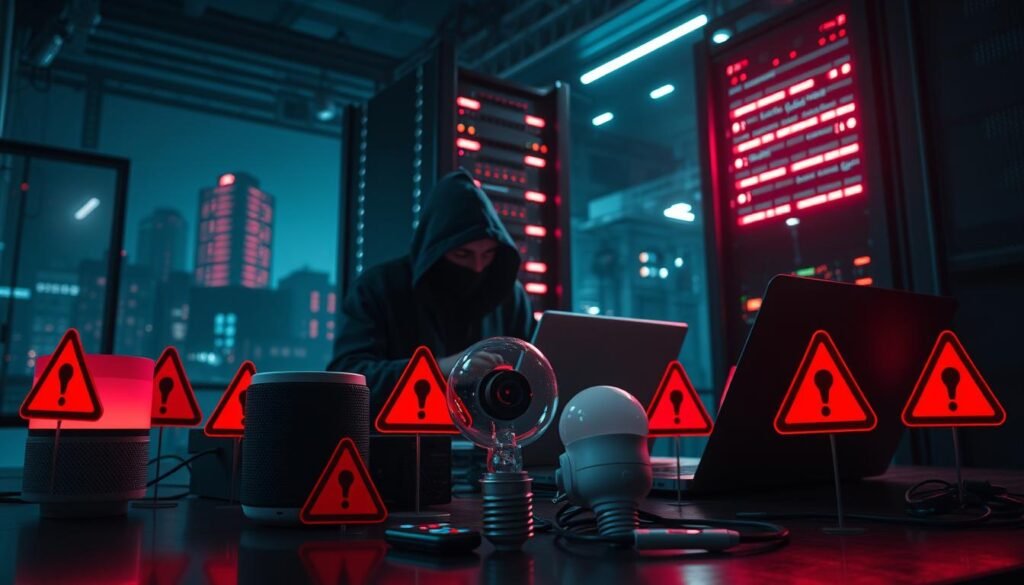 A dark, industrial-inspired scene showcasing the vulnerabilities of IoT devices. In the foreground, an array of smart home gadgets - a smart speaker, security camera, and connected light bulb - surrounded by glowing red warning symbols, representing the ever-present threat of cyber attacks. In the middle ground, a shadowy figure, a malicious hacker, manipulating lines of code on a laptop. In the background, a towering server rack, its blinking lights ominous against a moody, dystopian cityscape. Dramatic chiaroscuro lighting, with deep shadows and highlights, conveys the high-stakes nature of IoT security. The overall atmosphere is one of unease and impending danger, underscoring the urgent need to address firmware and IoT vulnerabilities.