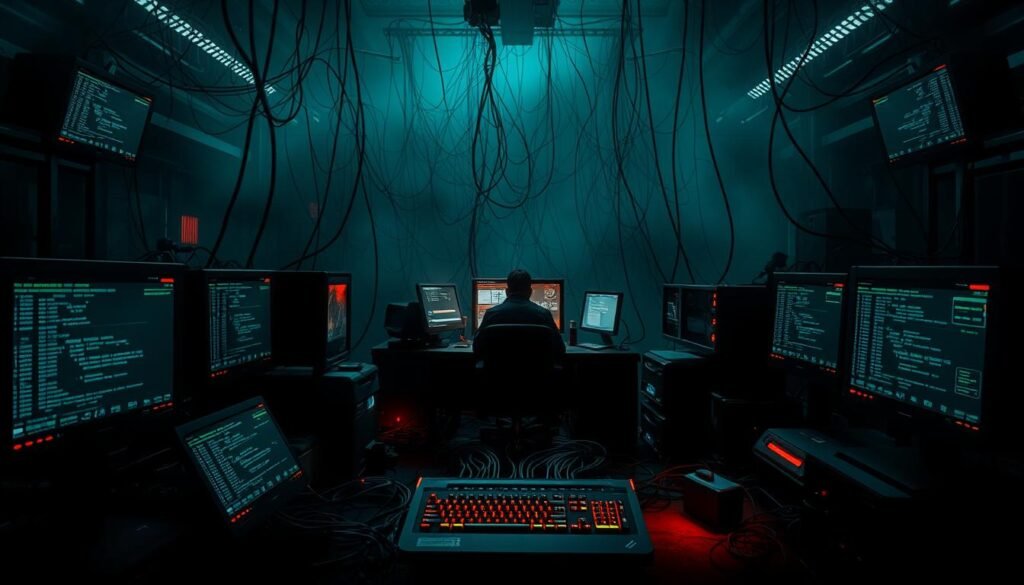 A dark, industrial scene depicting the inner workings of a botnet control loop. In the foreground, a series of interconnected devices emit an eerie glow, their screens displaying lines of code and network data. In the middle ground, a shadowy figure sits at a command console, fingers flying across a keyboard as they issue instructions to the infected machines. The background is shrouded in an ominous haze, suggesting the vast scale of the botnet's reach, with tendrils of code snaking out to ensnare countless more victims. The lighting is harsh and dramatic, casting deep shadows and highlighting the sense of impending danger. The overall atmosphere is one of technological menace, a dystopian vision of the hidden forces that can secretly control thousands of devices.