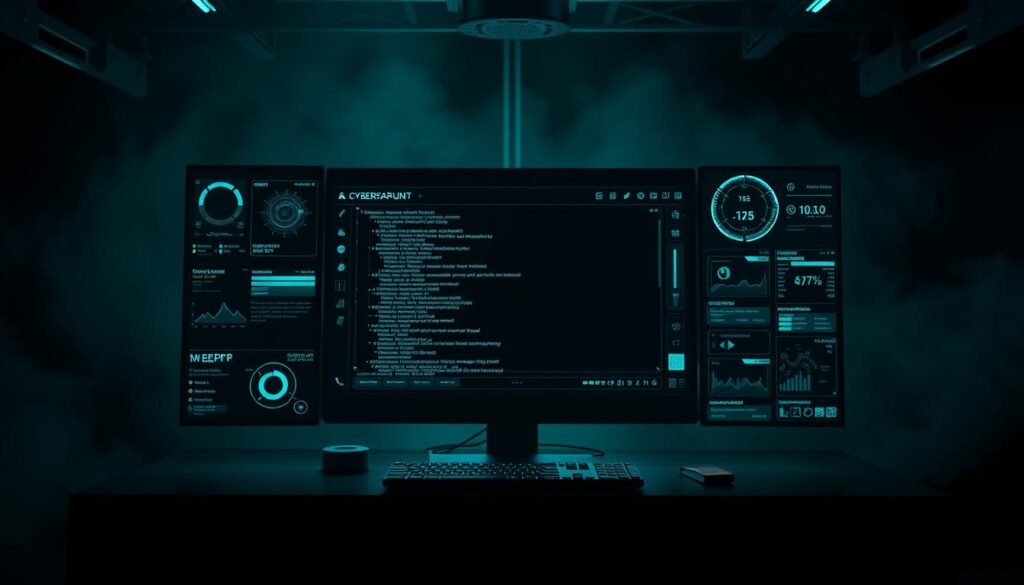 A dark, industrial-style computer interface with a prominent command-line console in the center, surrounded by various information panels, toggles, and diagnostic readouts. The display is bathed in a cool, bluish-green glow, creating an atmospheric, high-tech ambiance. The interface is sleek and minimalist, with sharp angles and clean lines, suggesting a powerful, professional-grade tool. The background is a shadowy, abstract environment, hinting at the broader cybersecurity context in which this interface operates. A dark, industrial-style computer interface with a prominent command-line console in the center, surrounded by various information panels, toggles, and diagnostic readouts. The display is bathed in a cool, bluish-green glow, creating an atmospheric, high-tech ambiance. The interface is sleek and minimalist, with sharp angles and clean lines, suggesting a powerful, professional-grade tool. The background is a shadowy, abstract environment, hinting at the broader cybersecurity context in which this interface operates.