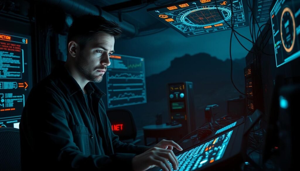 A dark, moody cybersecurity control room illuminated by holographic displays and digital interfaces. In the foreground, a stern-faced cybersecurity expert examines a complex algorithm, their expression intense and focused. Surrounding them, a tangle of cables, servers, and intricate systems representing the complex nature of identity-first cybersecurity practices. The background is a shadowy, ominous landscape, conveying the gravity and high stakes of the field. Dramatic lighting creates deep shadows and highlights the technical details, giving the scene a sense of urgency and importance.